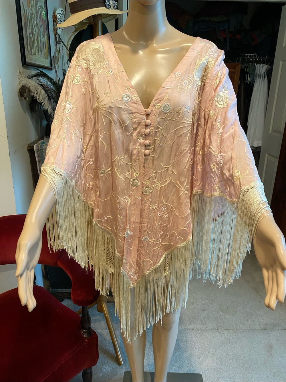 Free People Blush Pink Embroidered Shawl with Gold Threading